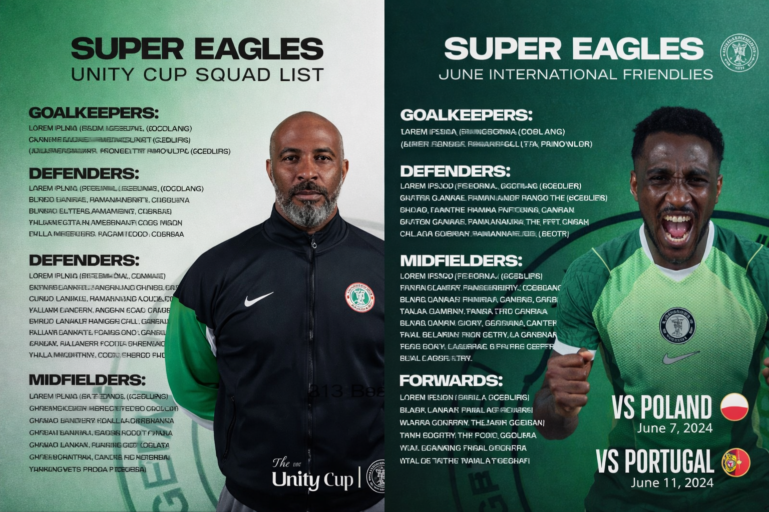 Super Eagles of Nigeria 🇳🇬 reveals squads for the 2026 Unity Cup and June Friendlies.